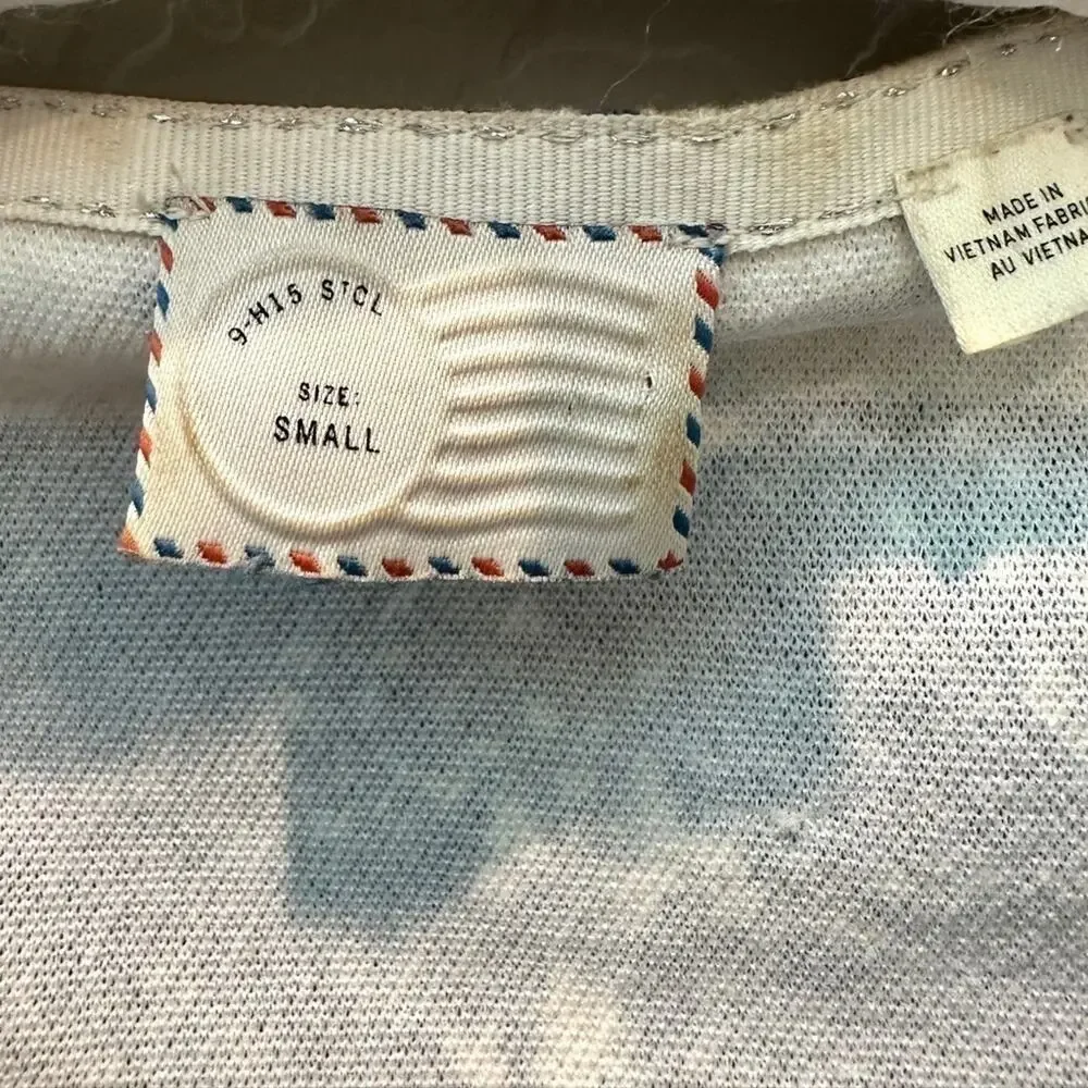 ANTHROPOLOGIE | Postmark Blue Beige Abstract Floral Puff Sleeve Blouse | Small